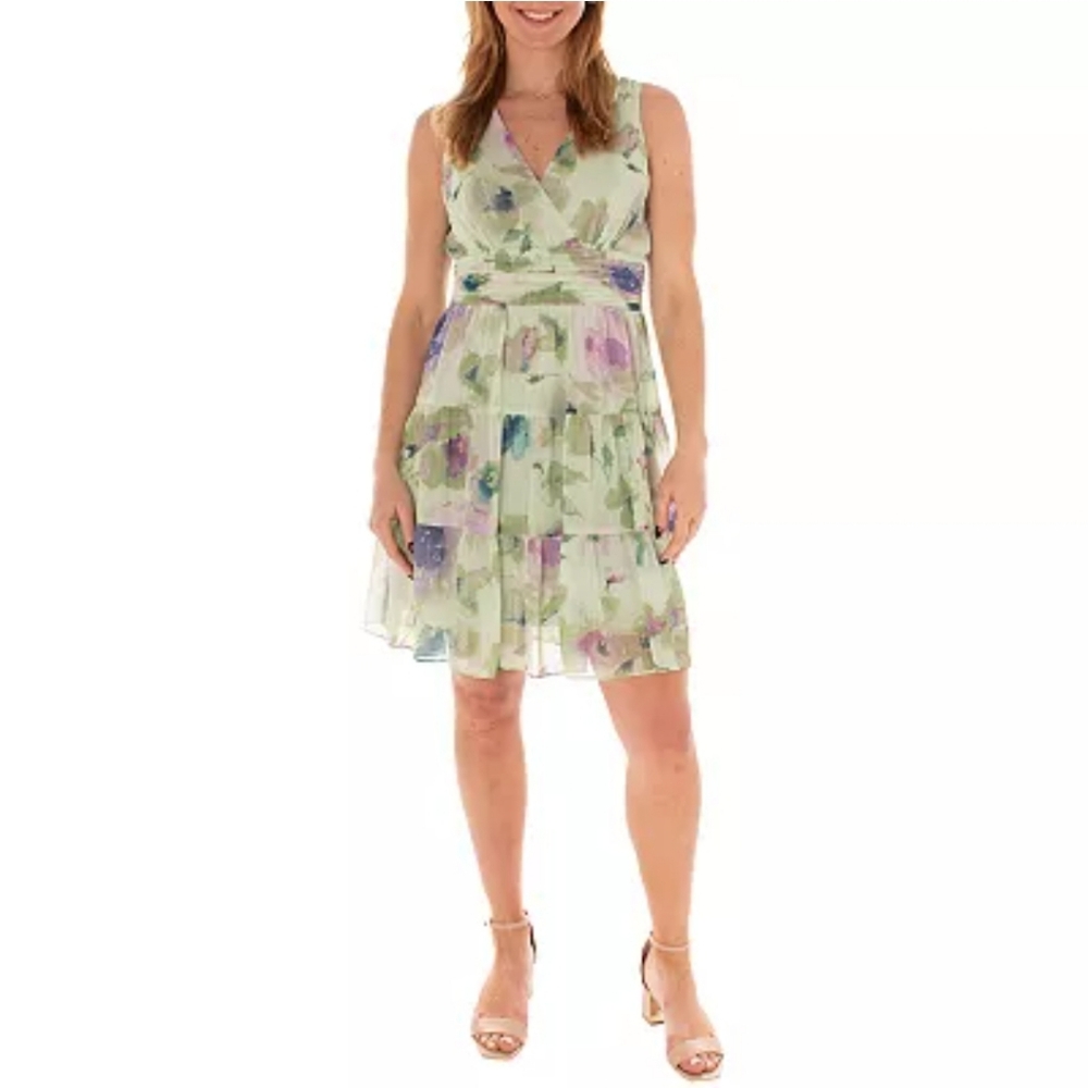 Maison Tara Floral Sleeveless Tiered Mini Dress in Sage/ Lavender. Size- Chart